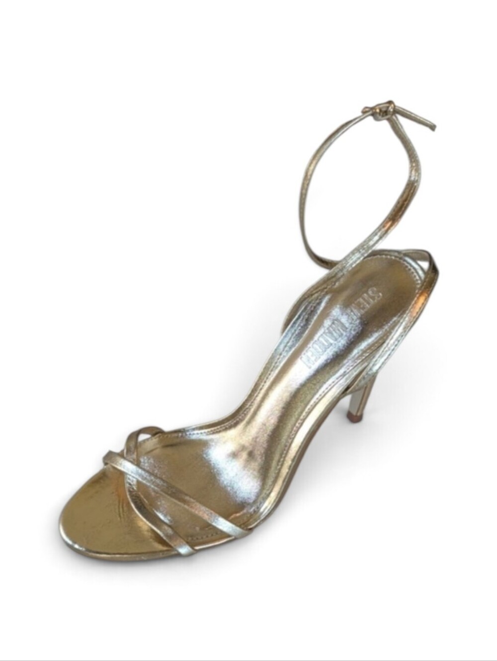 Steve Madden, Jypsey Gold Leather Strappy Ankle Wrap Stiletto Heels. Sz 9.5
